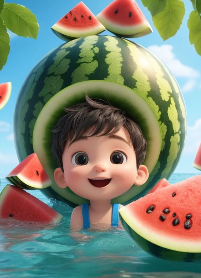 Ảnh dưa hấu chibi đang ăn