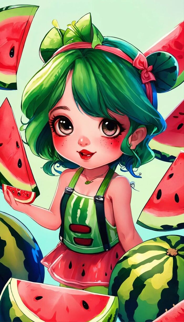Ảnh dưa hấu chibi pastel tone