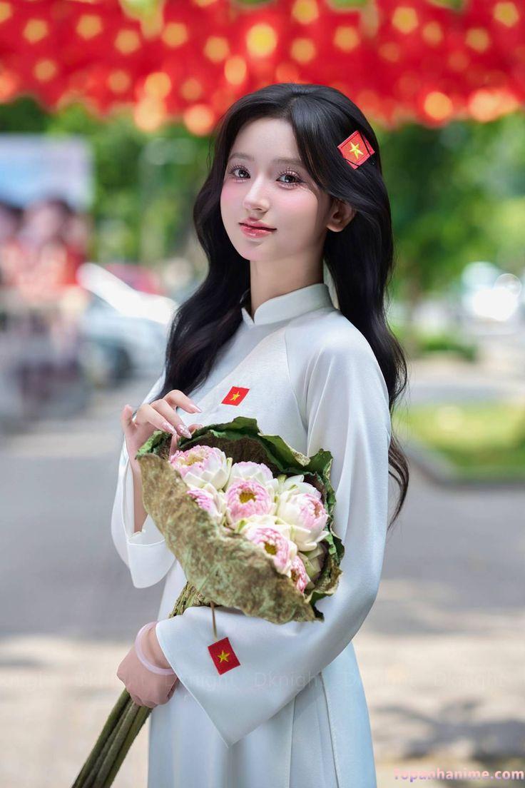 cô gái cầm hoa tím