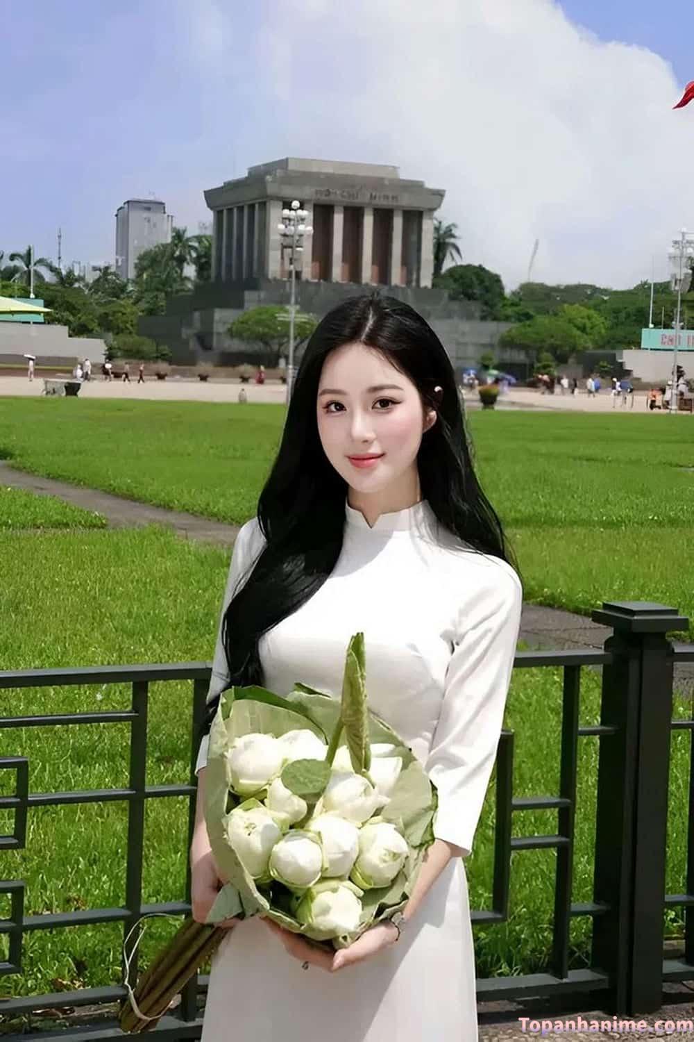 cô gái cầm hoa trắng