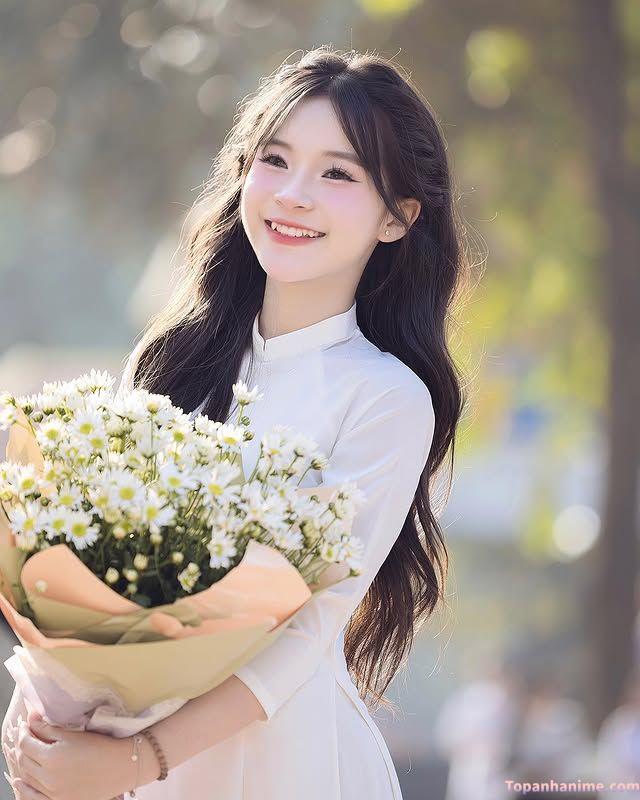 cô gái cầm hoa vàng