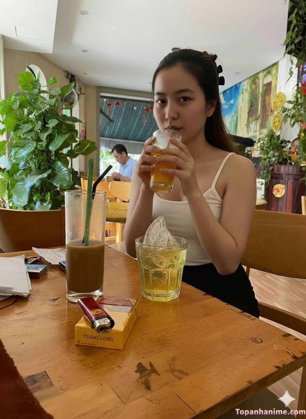 Cô gái uống bia vui