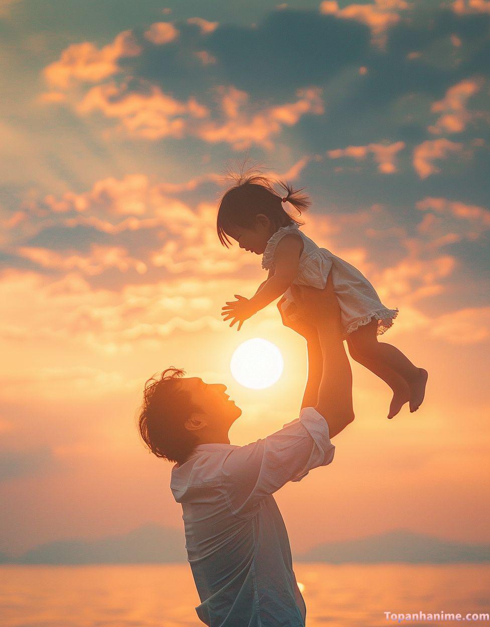 Cha ôm con gái cười