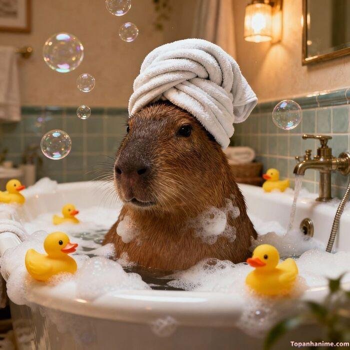 capybara meme đang tắm