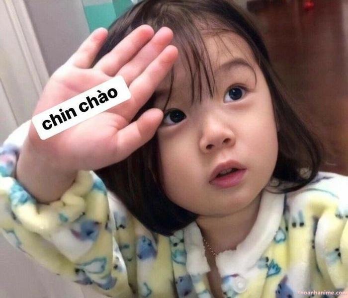meme chào vui vẻ em bé