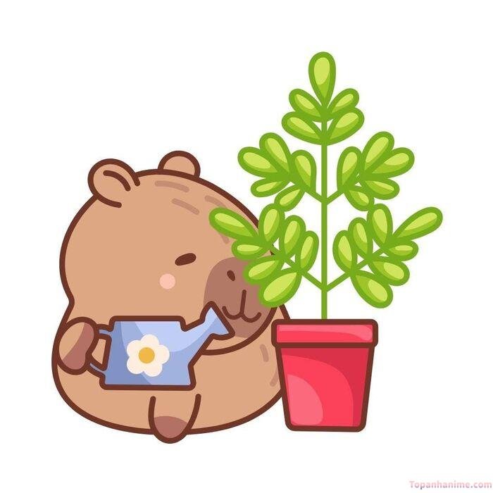hình capybara chibi trồng cây